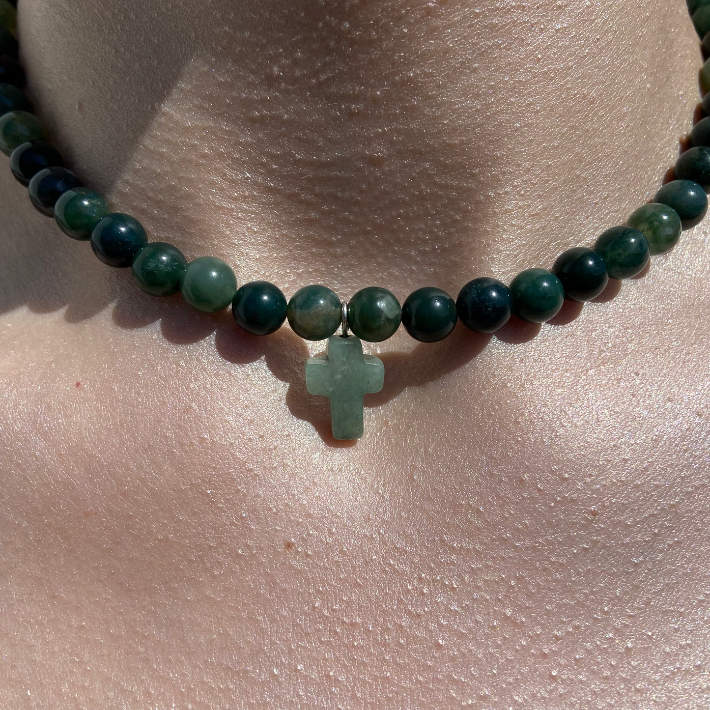 MOSS AGATE & GREEN AVENTURINE CROSS NECKLACE