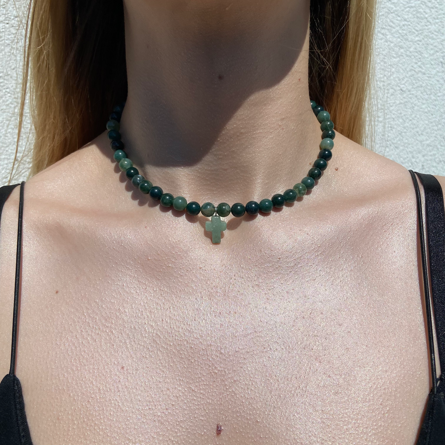 MOSS AGATE & GREEN AVENTURINE CROSS NECKLACE