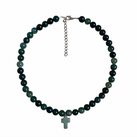 MOSS AGATE & GREEN AVENTURINE CROSS NECKLACE