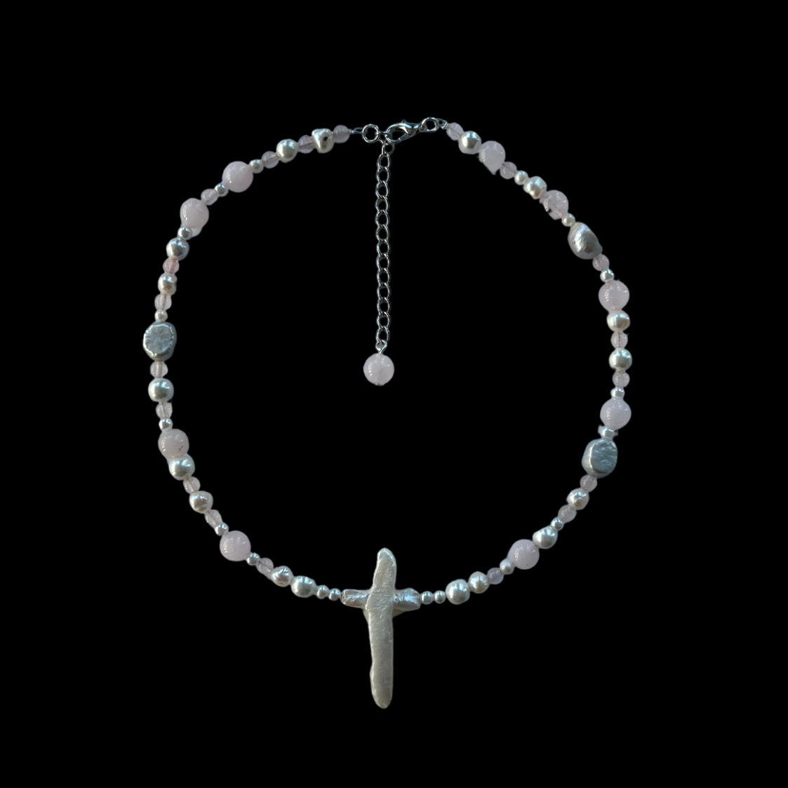 ROSE QUARTZ PEARL CROSS CHOKER