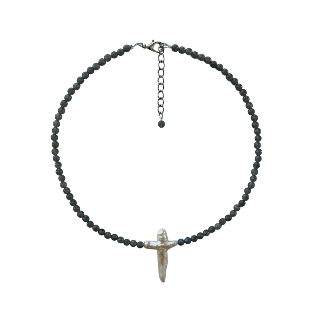 LABRADORITE PEARL CROSS CHOKER