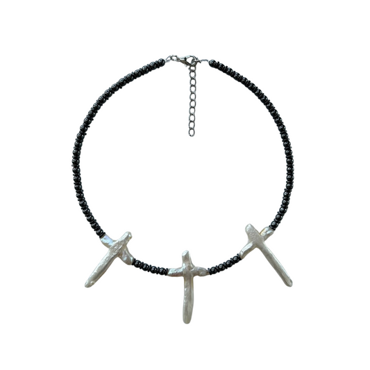 HEMATITE PEARL CROSS CHOKER